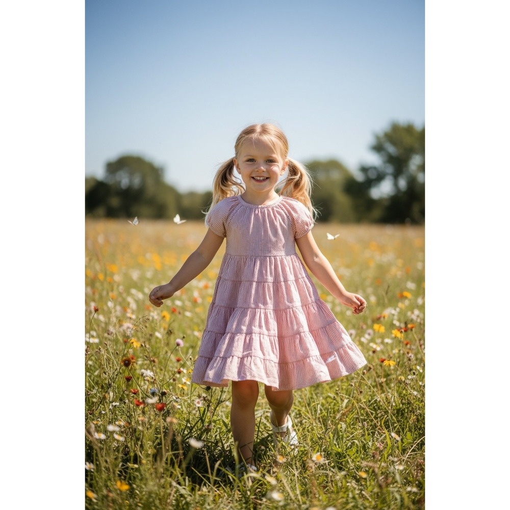 Pink‎ Lily Dress Girl Sz 5/6 Red & White Stripe Ruffle Tiered cotton Cottagecore